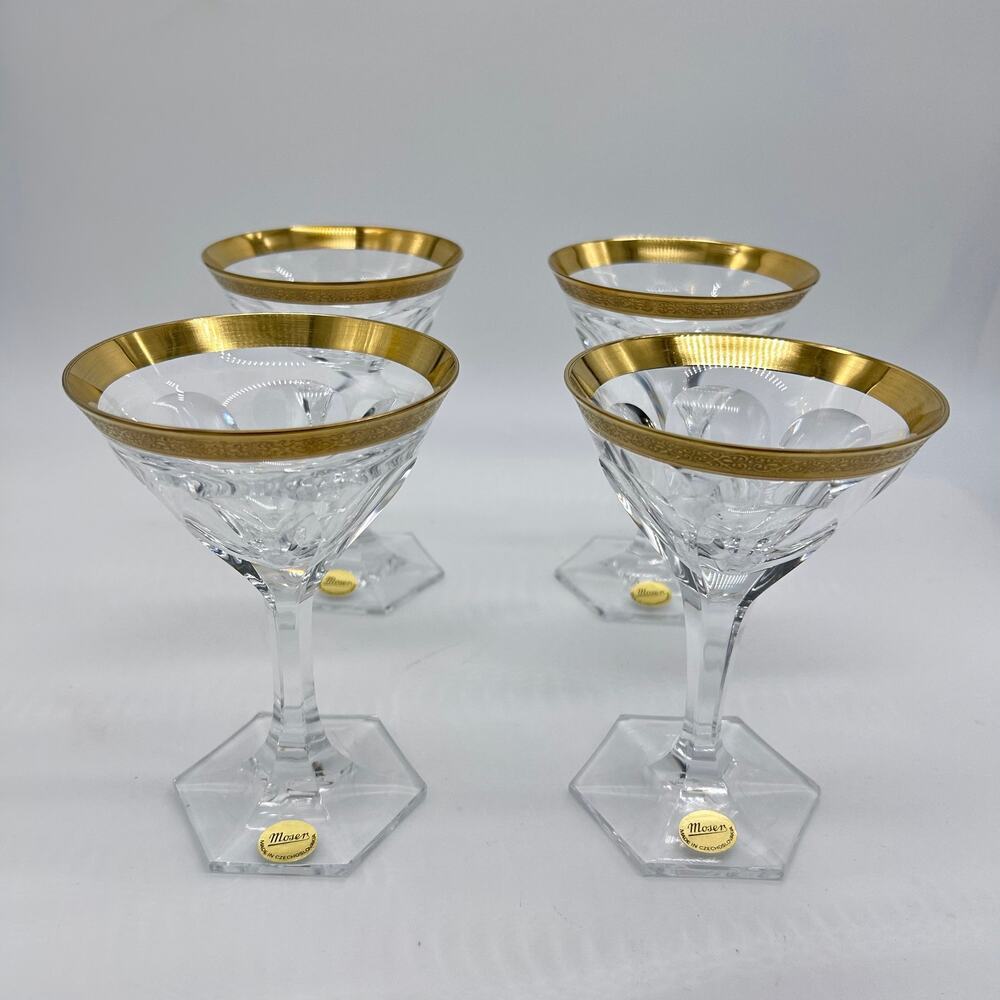 Moser Gold Rimmed Martini Cocktail Glasses Set 4 Signed Bohemian Art Deco Glass